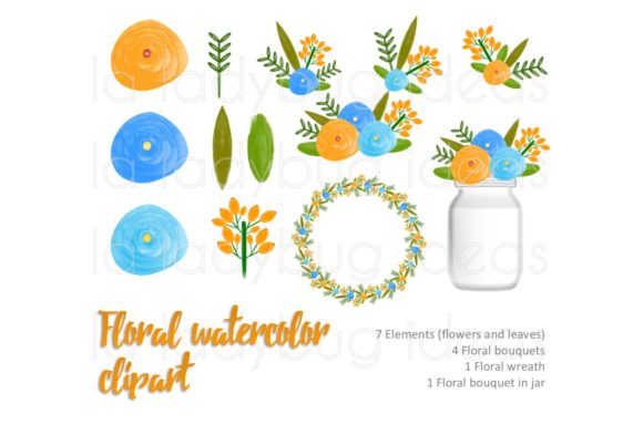 Blue Orange Watercolor Floral Clip Art